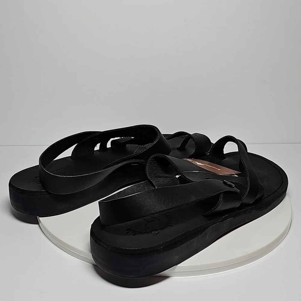 Jerusalem Amos Flat Sandals Ankle Strap Toe Loop‎ Adjustable Leather Black 13 46